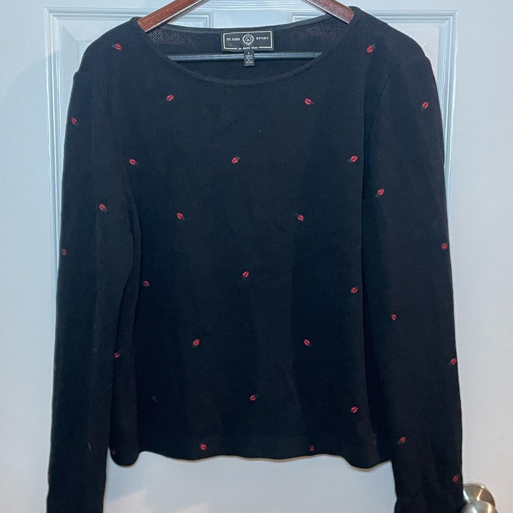 St. John Sport Black Wool Blend Sweater w/ Red Ladybug Embroidery Size L
